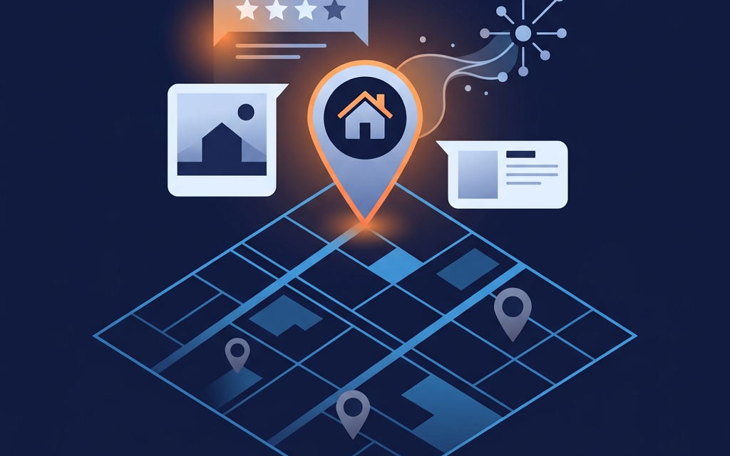 Real estate map pin ranking at the top of a local map, surrounded by review and post cards