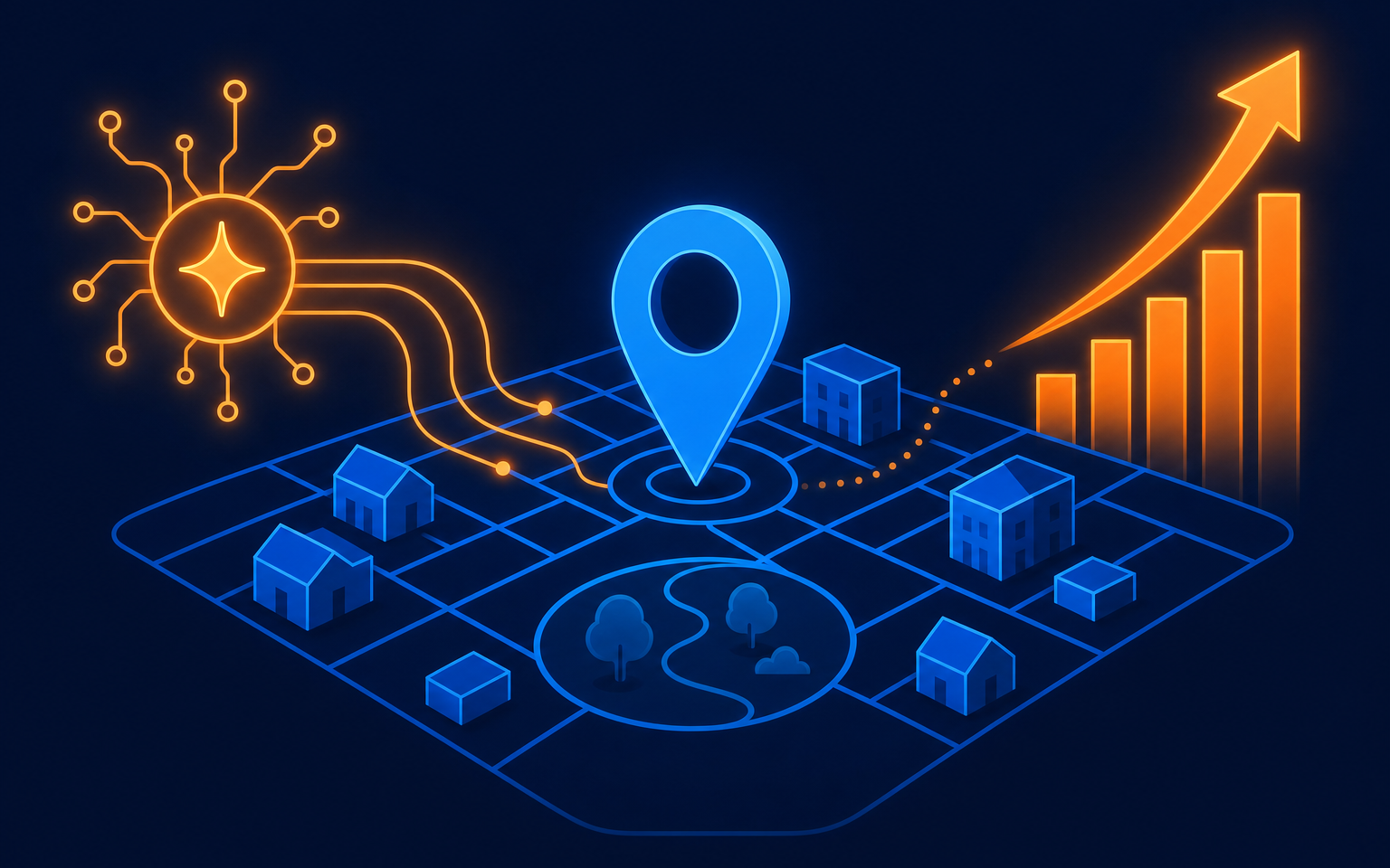 An AI node feeding a neighborhood map with a location pin and a rising search-ranking arrow
